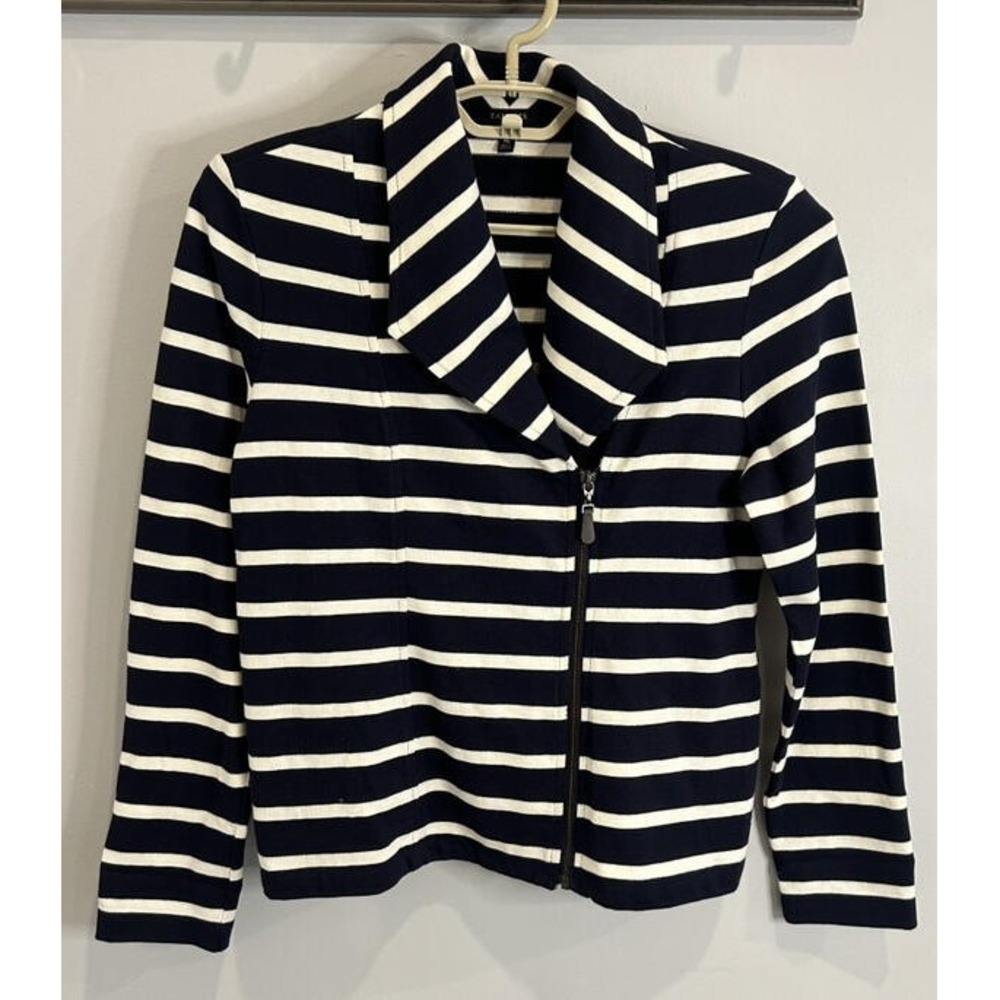 Talbots Petites Moto Jacket Knit Navy Blue Cream Stripe 100% Cotton Size Mp
